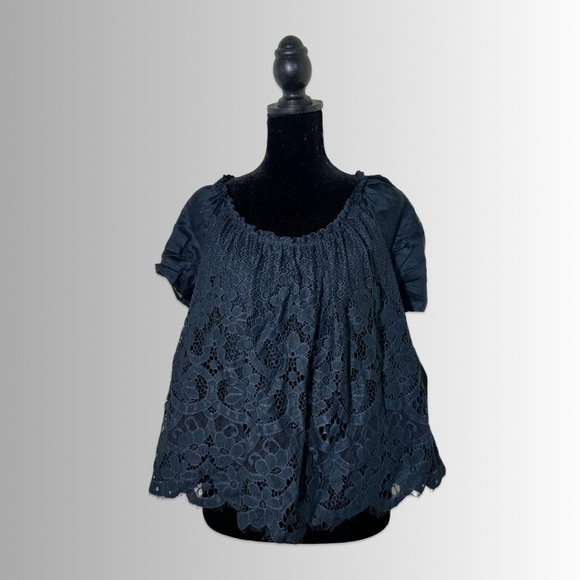Anthropologie Moulinette Soeurs Navy Blue Lace Puff Sleeve Crop Top, Size Large - Picture 2 of 7